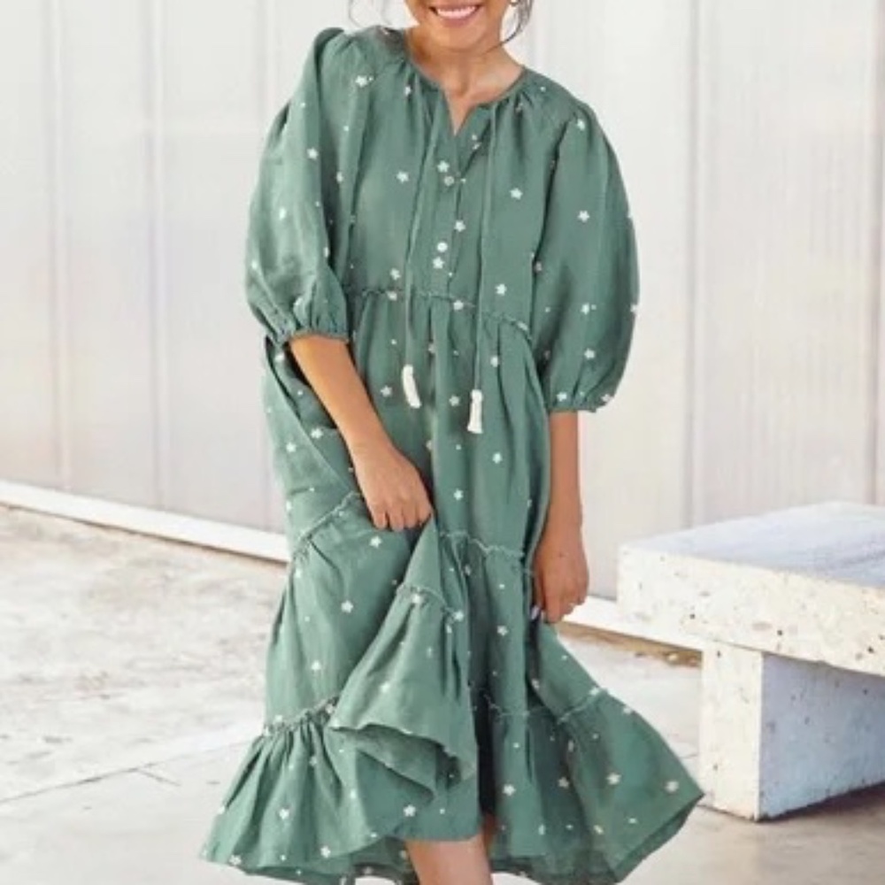 Harper Sage Secret Garden Floral Embroidered Midi Dress in Green Ivy Size Medium